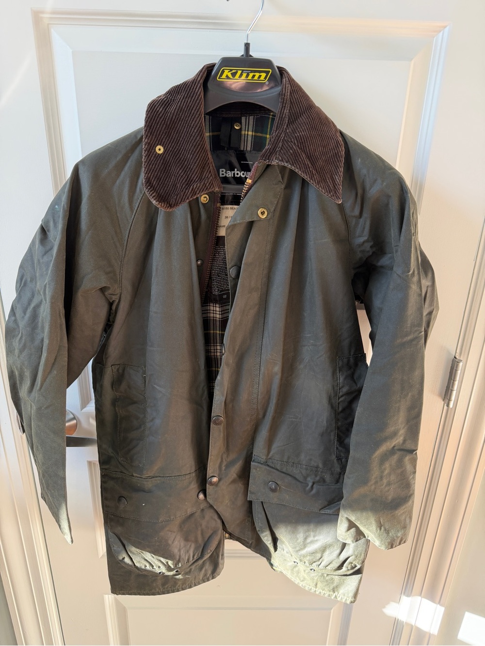 Barbour Olive Waxed Jacket with Brown Cord Collar